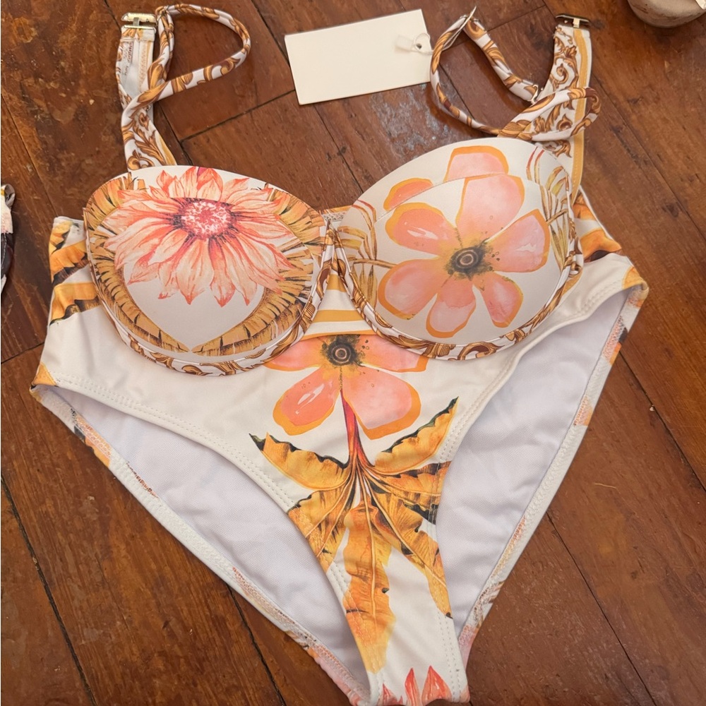 Endless Moon S Floral Orange and White Two Piece Swimsuit